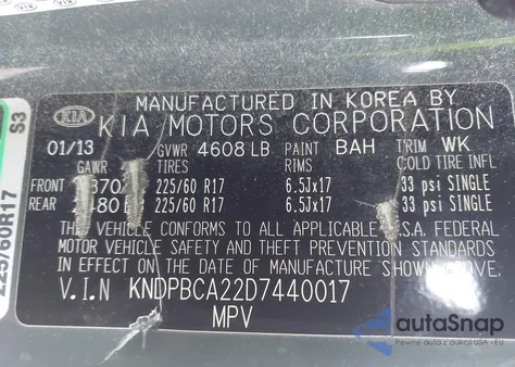 2013 Kia Sportage Lx z USA, uszkodzony, nr VIN KNDPBCA22D7440017